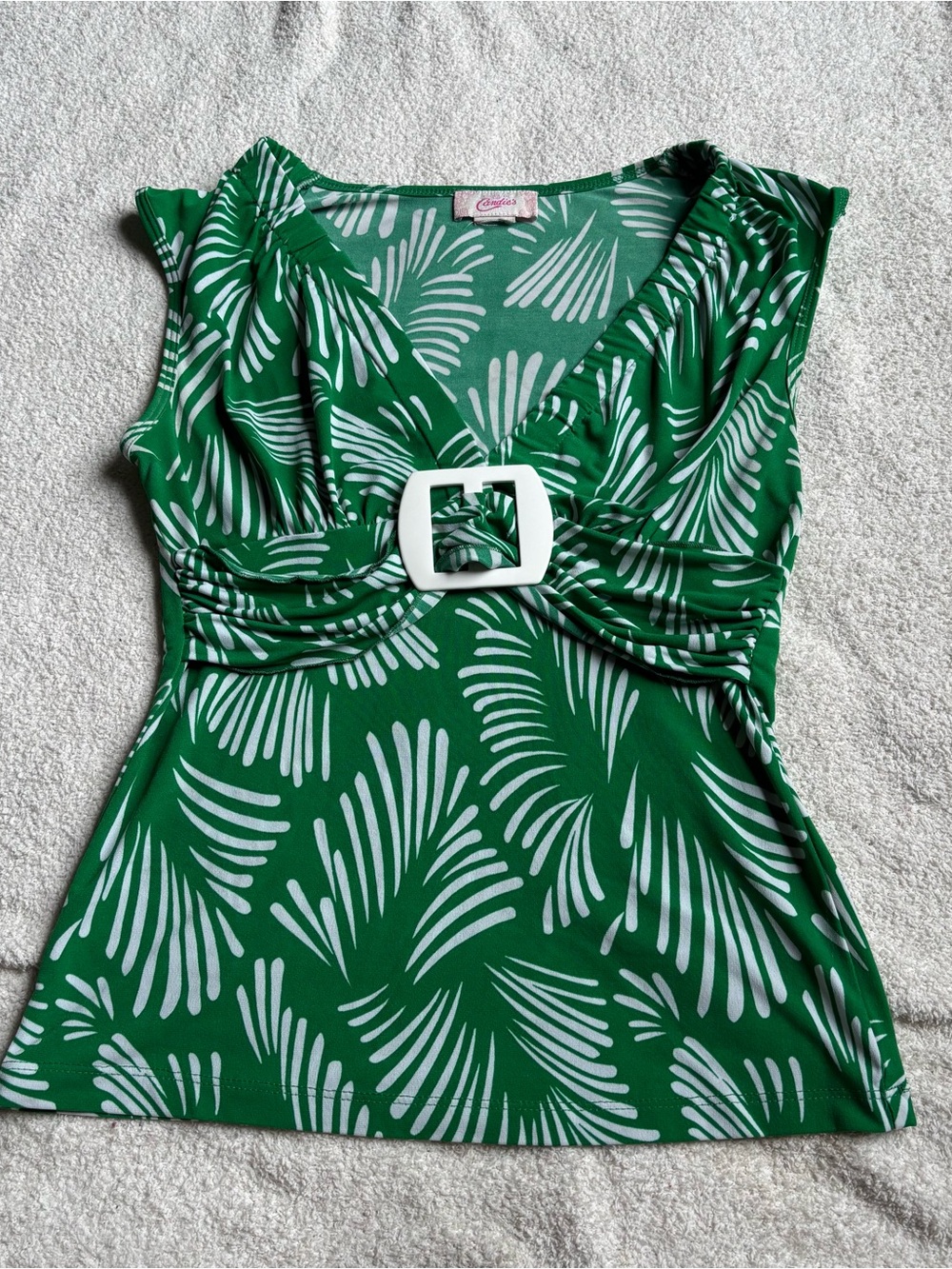 Green Printed V-Neck Dress with Buckle Detail